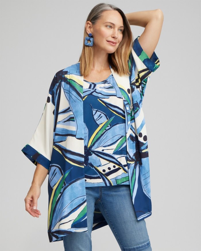 Chicos Floral Print Long Kimono - Blue Veil