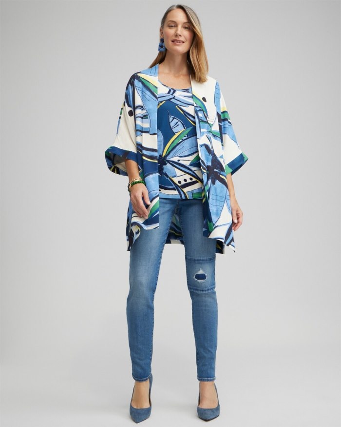 Chicos Floral Print Long Kimono - Blue Veil