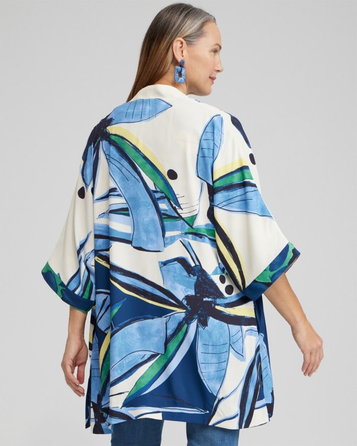 Chicos Floral Print Long Kimono - Blue Veil