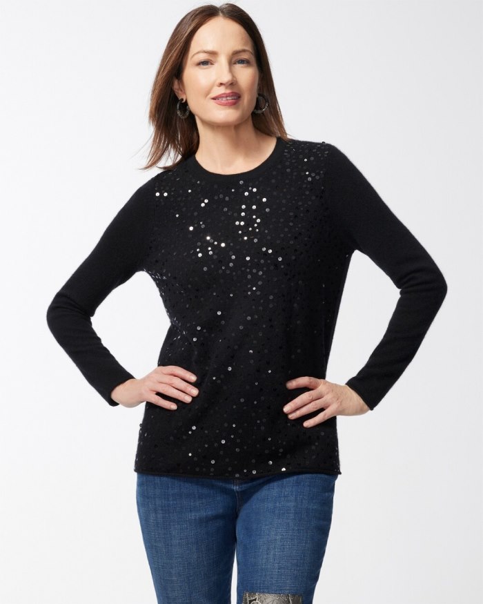 Chicos Cashmere Sequin Crew Neck Sweater - Black