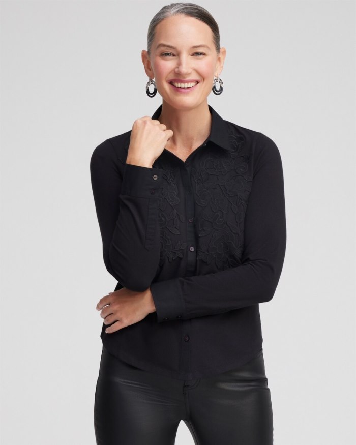 Chicos Knit Woven Lace Applique Shirt - Black