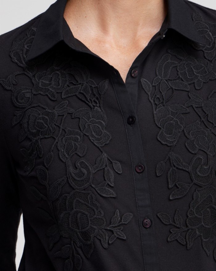 Chicos Knit Woven Lace Applique Shirt - Black