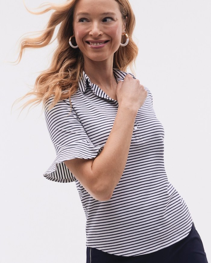 Chicos Zenergy UPF Knit Stripe Ruffle Polo - Classic Navy