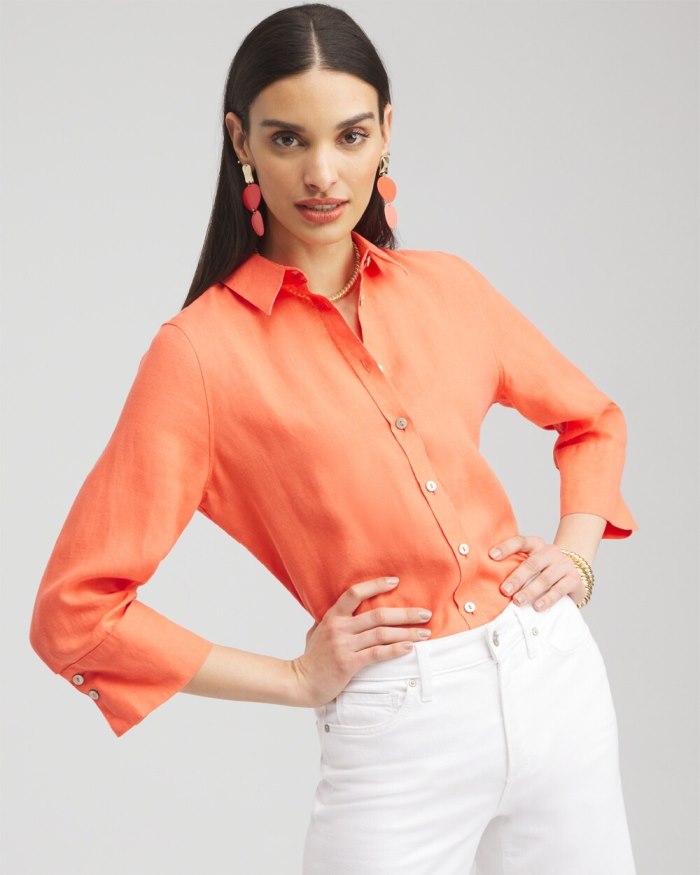 Chicos No Iron Linen 3/4 Sleeve Shirt - Nectarine