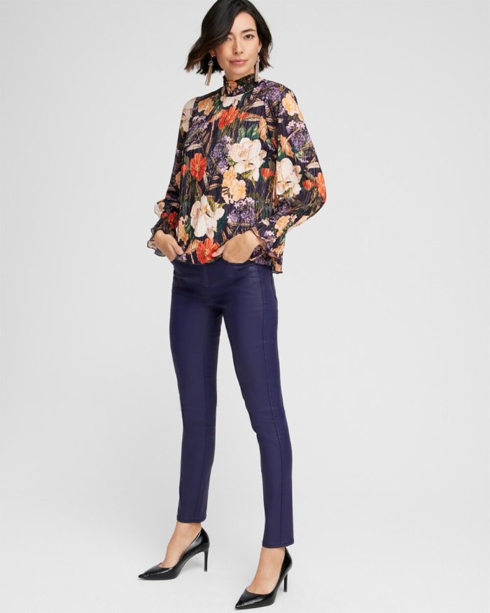 Chicos Floral Mock Neck Crinkle Top - Dewberry