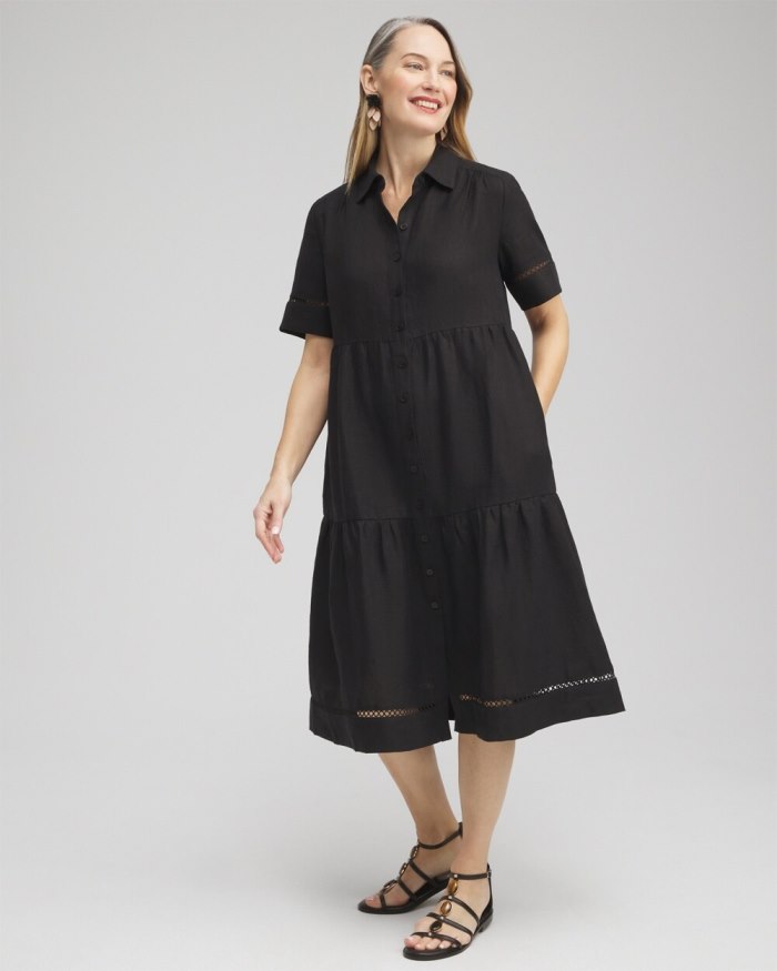 Chicos Linen Lattice Trim Midi Dress - Black