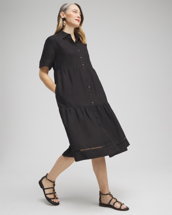 Chicos Linen Lattice Trim Midi Dress - Black