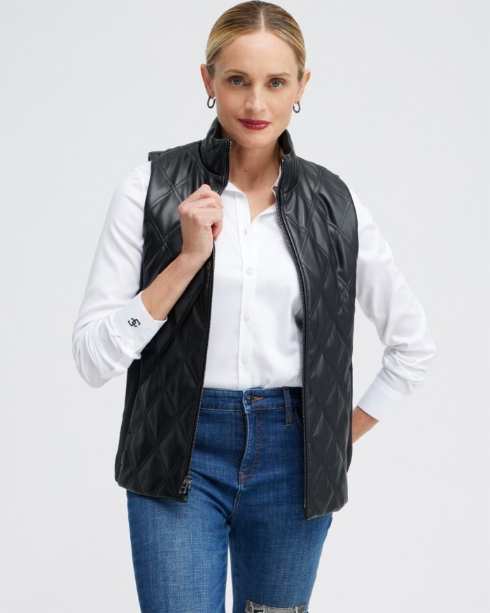 Chicos Black Faux Leather Quilted Vest - Black
