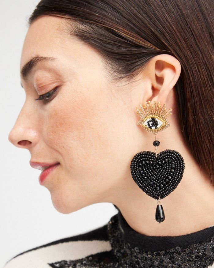 Chicos Beaded Heart Drop Earrings - Gold