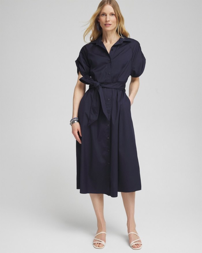 Chicos Poplin Tie Waist Shirt Dress - Classic Navy