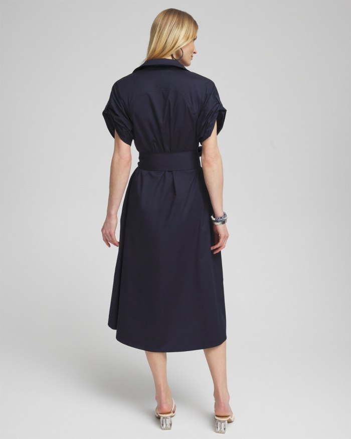 Chicos Poplin Tie Waist Shirt Dress - Classic Navy