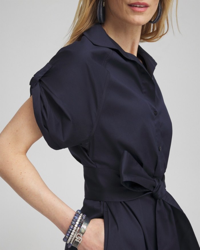 Chicos Poplin Tie Waist Shirt Dress - Classic Navy