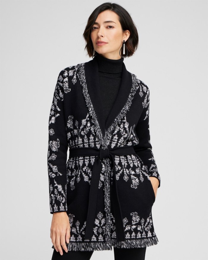 Chicos Medallion Print Shawl Cardigan - Black