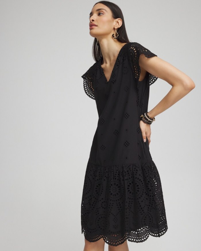 Chicos Eyelet Scallop Hem Dress - Black