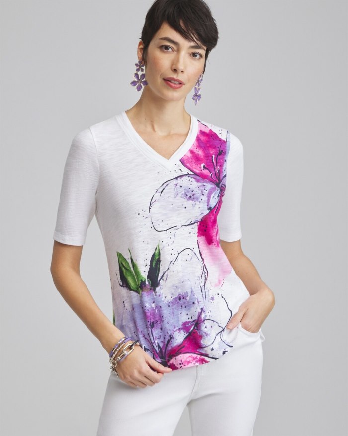 Chicos Placed Floral Elbow Sleeve A-line Tee - Parisian Purple