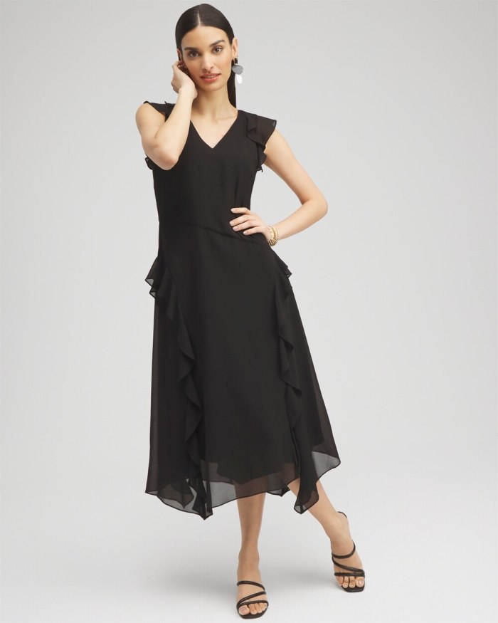 Chicos Chiffon Ruffle Midi Dress - Black