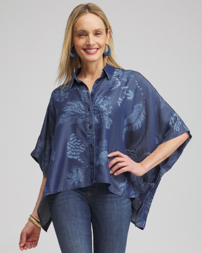 Chicos Floral Button Front Poncho - Indigo