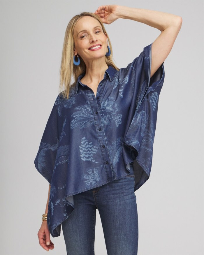 Chicos Floral Button Front Poncho - Indigo