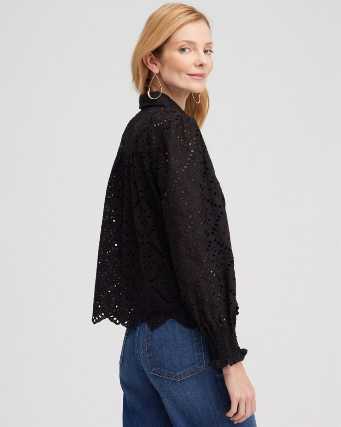 Chicos Eyelet Scallop Hem Blouse - Black