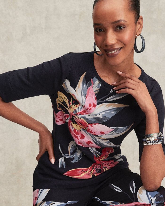 Chicos Floral Jewel Neck Tee - Classic Navy