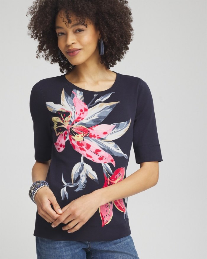 Chicos Floral Jewel Neck Tee - Classic Navy