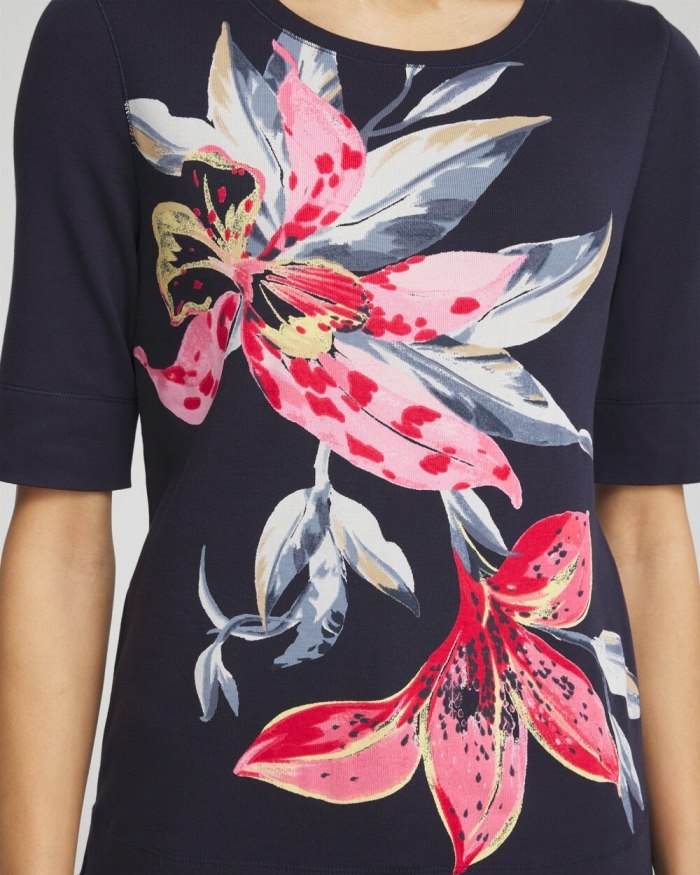 Chicos Floral Jewel Neck Tee - Classic Navy