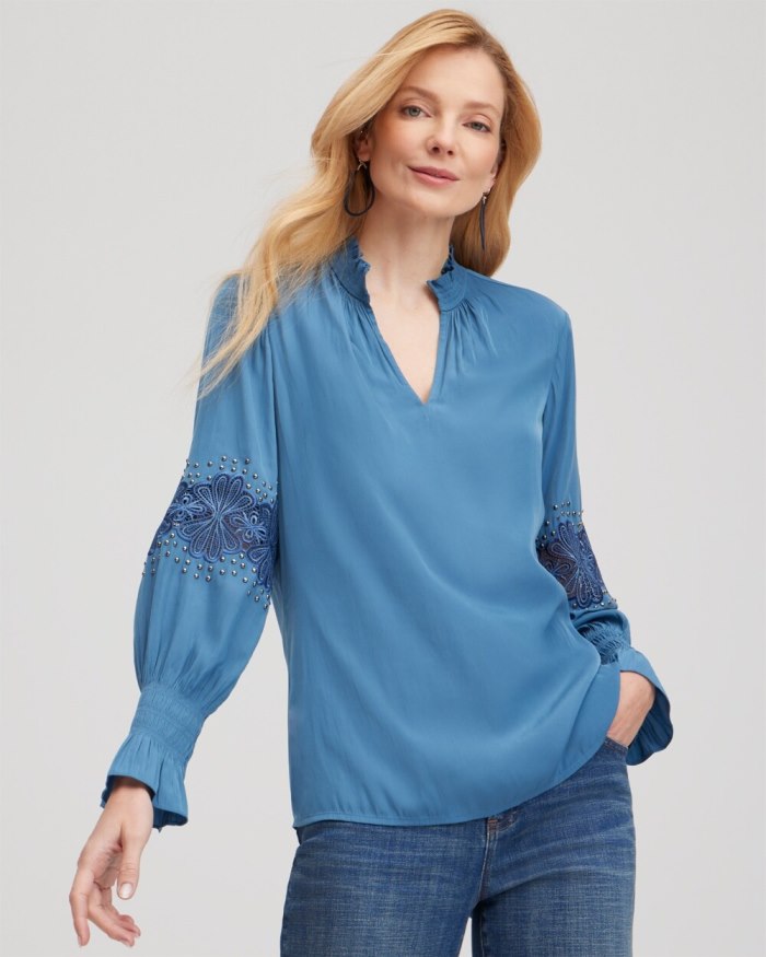 Chicos Floral Lace Detail Top - Blue Echo