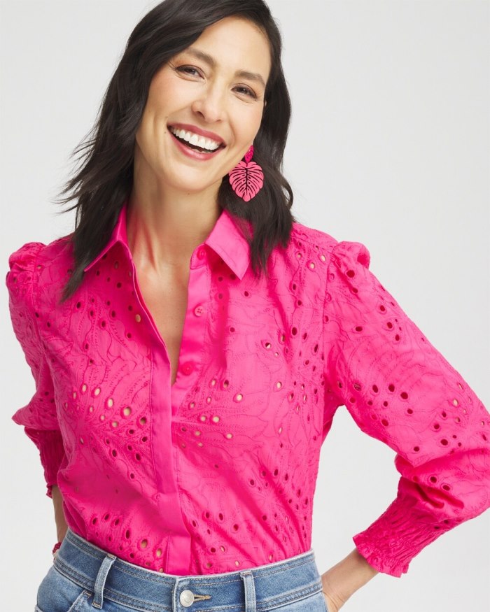 Chicos Eyelet Shirt - PINK BROMELIAD