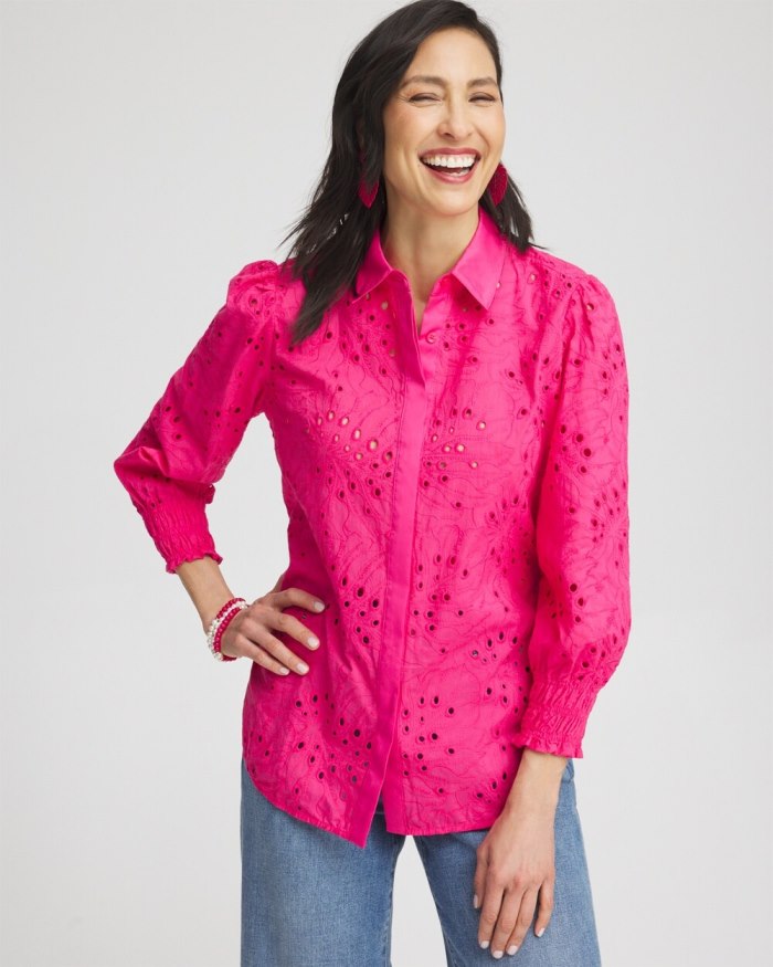 Chicos Eyelet Shirt - PINK BROMELIAD