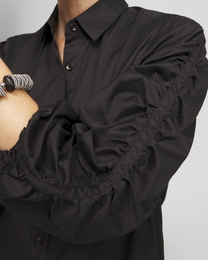 Chicos Poplin Ruched Sleeve Shirt - Black