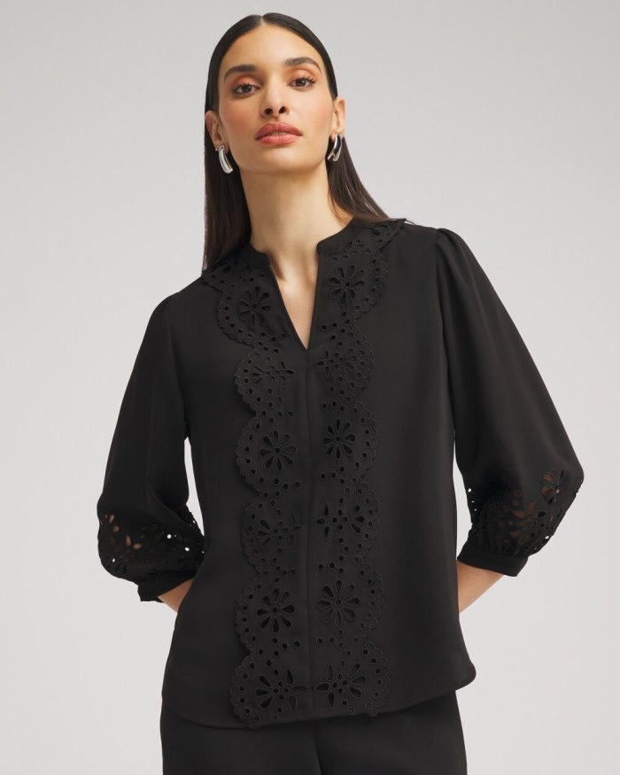 Chicos Satin Eyelet Top - Black