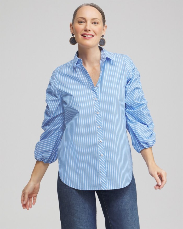 Chicos Poplin Stripe Ruched Sleeve Shirt - French Blue