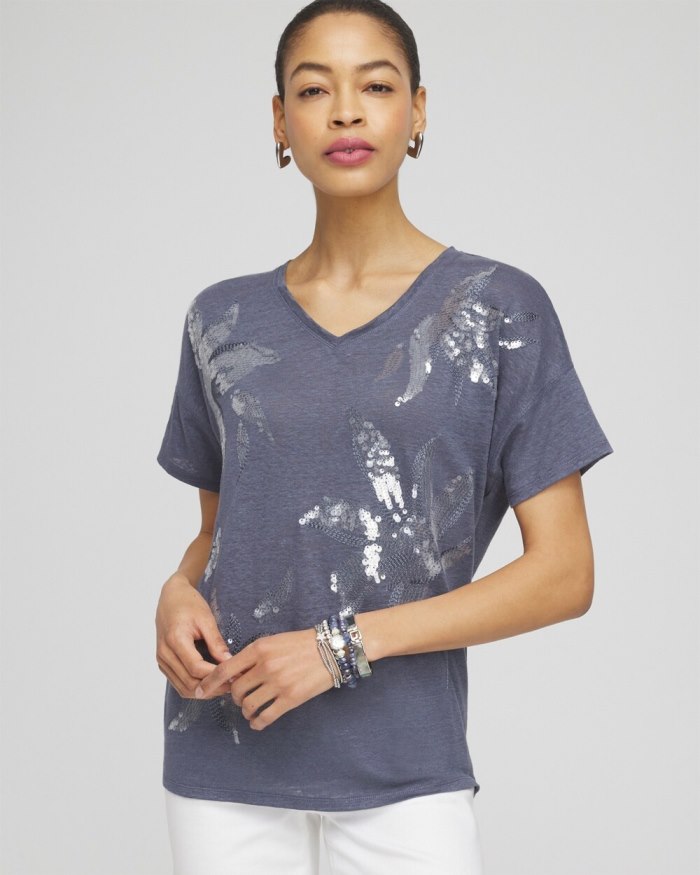 Chicos Slate Linen Sequin Tee - Soft Slate