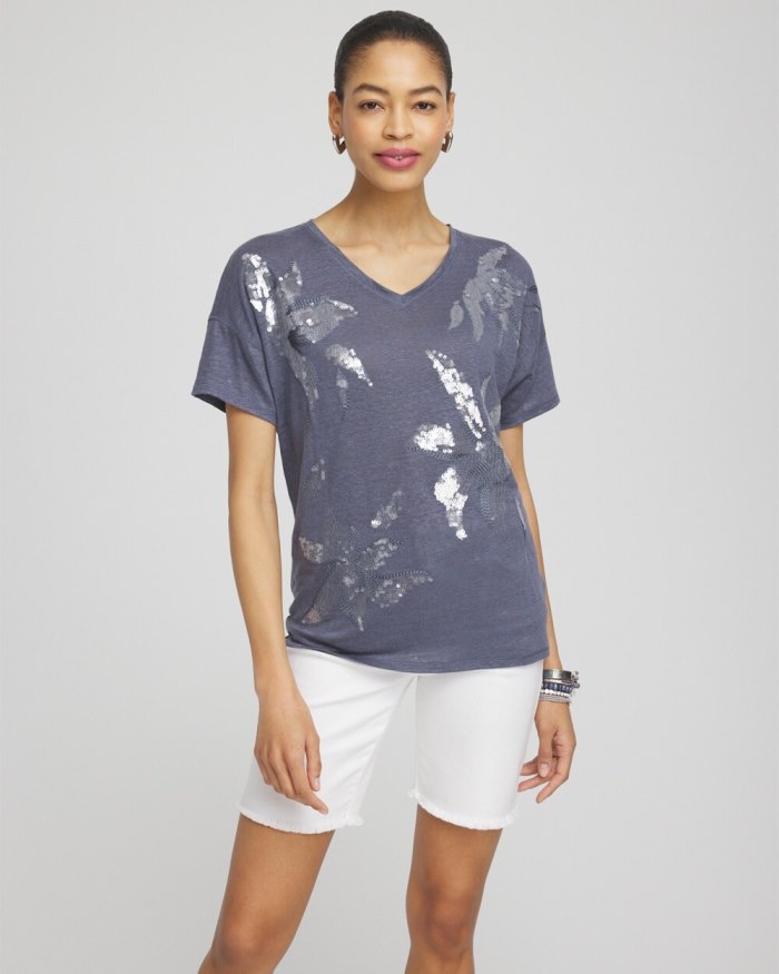 Chicos Slate Linen Sequin Tee - Soft Slate