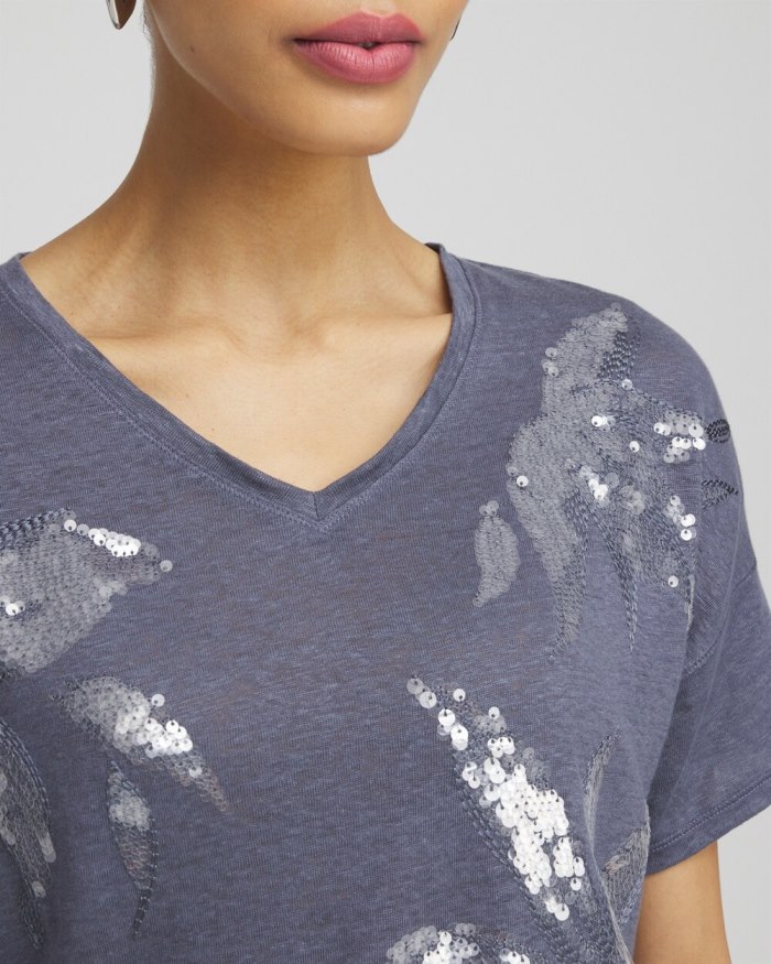 Chicos Slate Linen Sequin Tee - Soft Slate