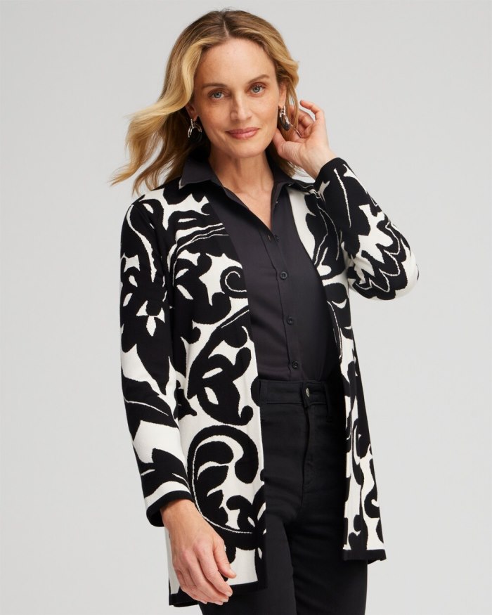 Chicos Double Knit Scroll Print Cardigan - Black