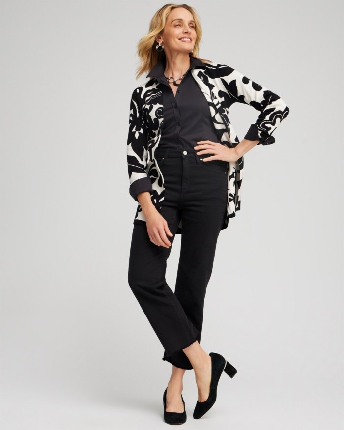 Chicos Double Knit Scroll Print Cardigan - Black