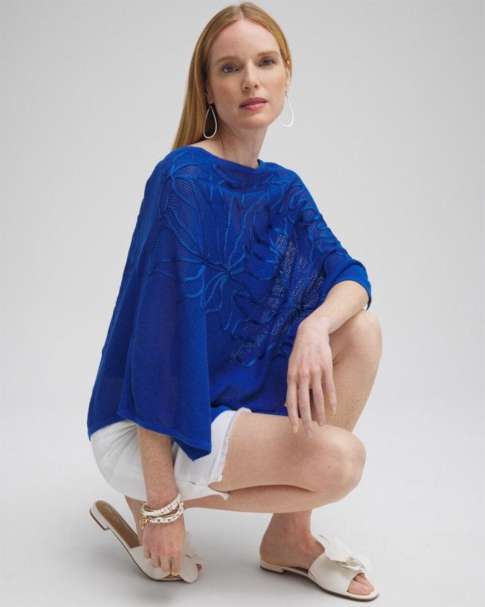 Chicos Embroidered Knit Triangle Poncho - Mango Sorbet