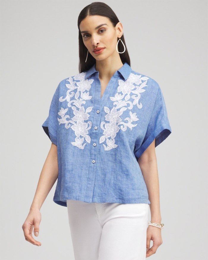 Chicos Linen Embroidered Applique Shirt - Indigo