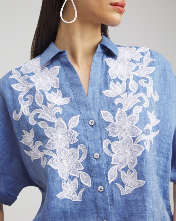 Chicos Linen Embroidered Applique Shirt - Indigo