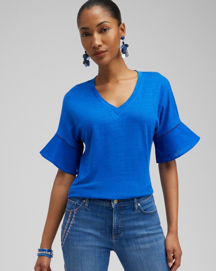 Chicos Linen Blend Flutter Sleeve Top - Intense Azure