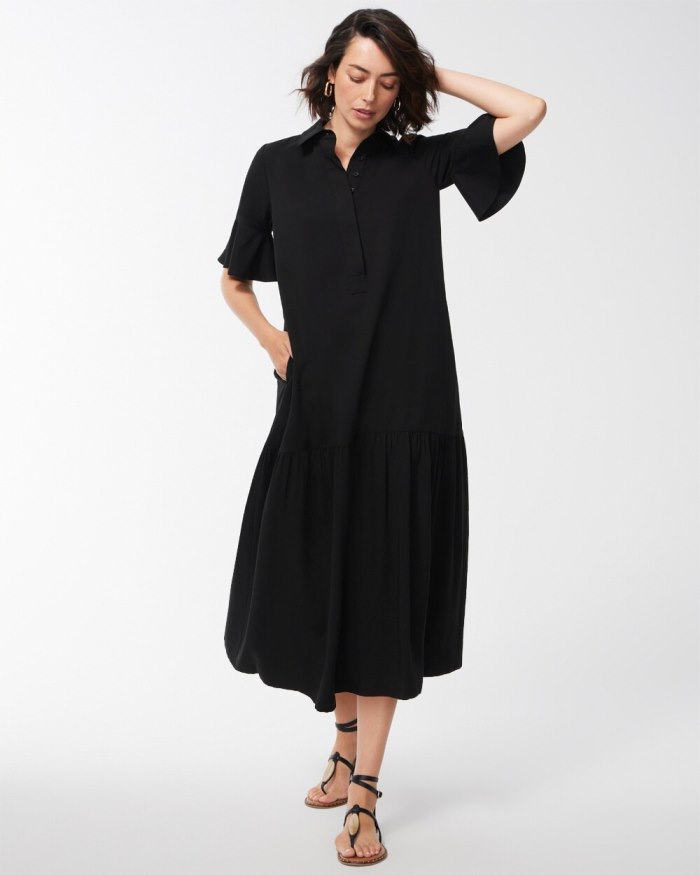 Chicos Flounce Sleeve Midi Dress - Black