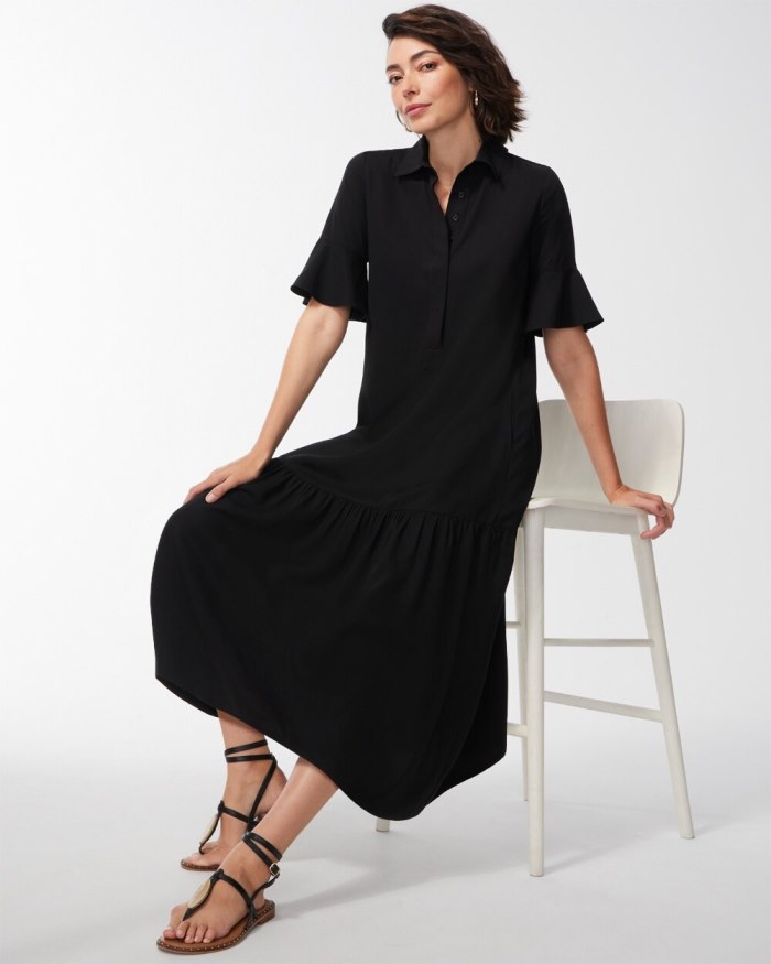 Chicos Flounce Sleeve Midi Dress - Black