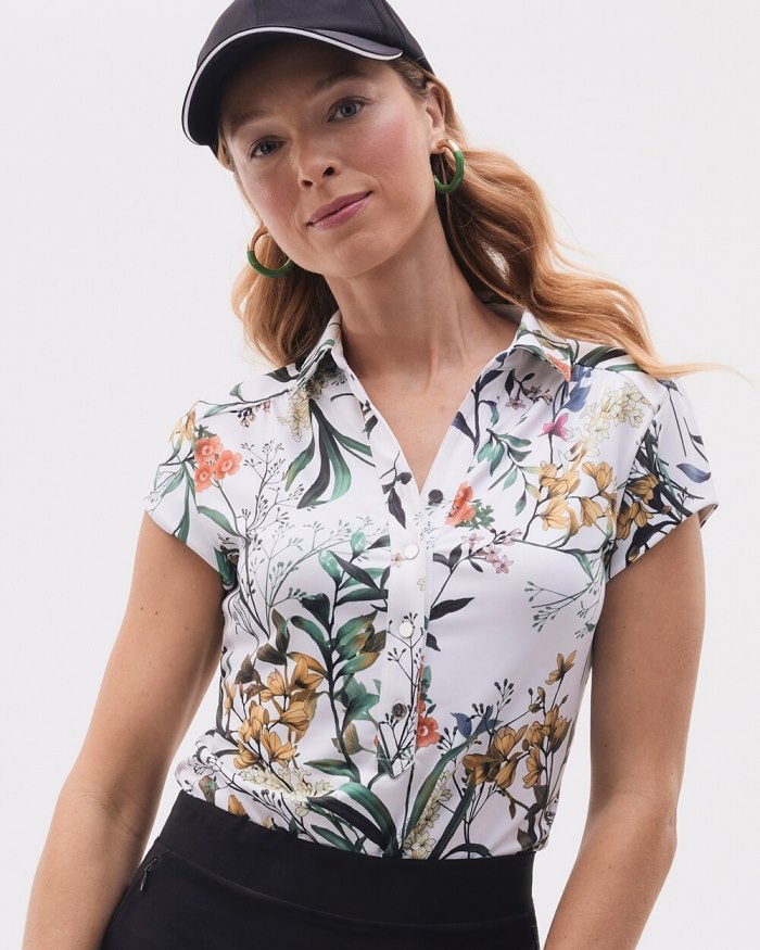 Chicos Zenergy UPF Floral Cap Sleeve Polo - Verdant Green