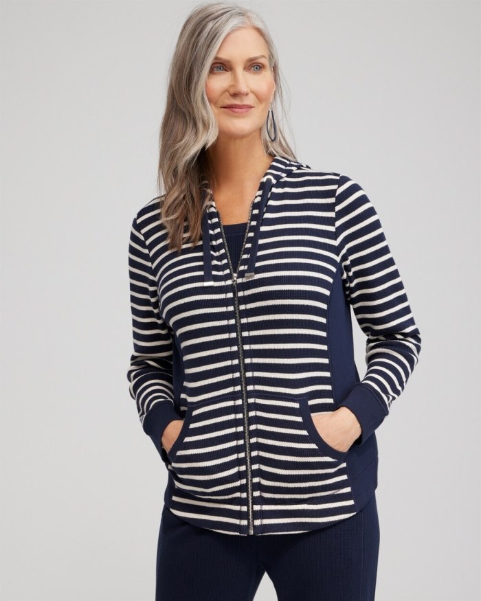 Chicos Zenergy Waffle Knit Stripe Hoodie - Classic Navy