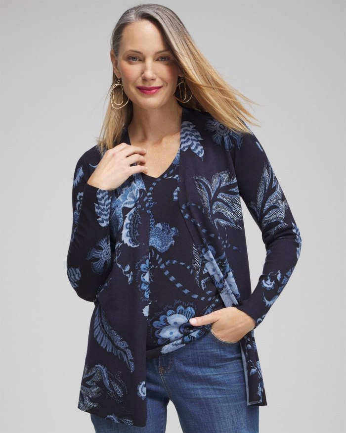 Chicos Spun Rayon Floral Cardigan - Classic Navy