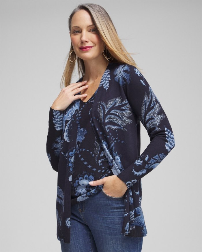 Chicos Spun Rayon Floral Cardigan - Classic Navy