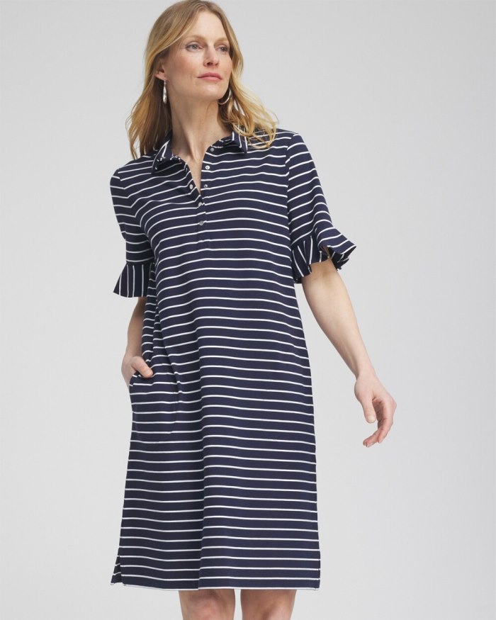 Chicos Zenergy UPF Neema Stripe Ruffle Dress - Classic Navy