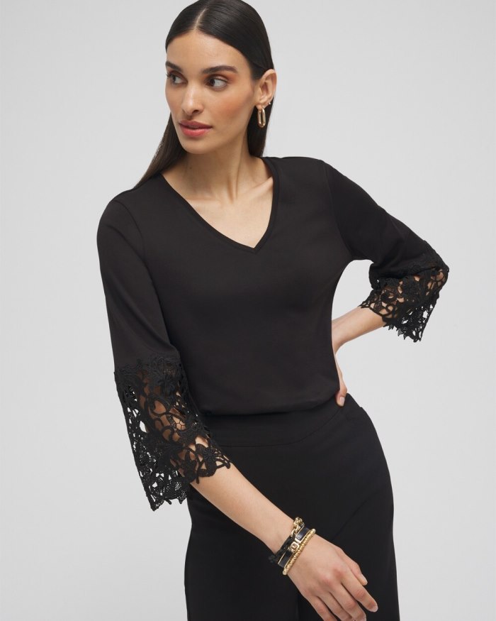 Chicos Lace Applique Tee - Black