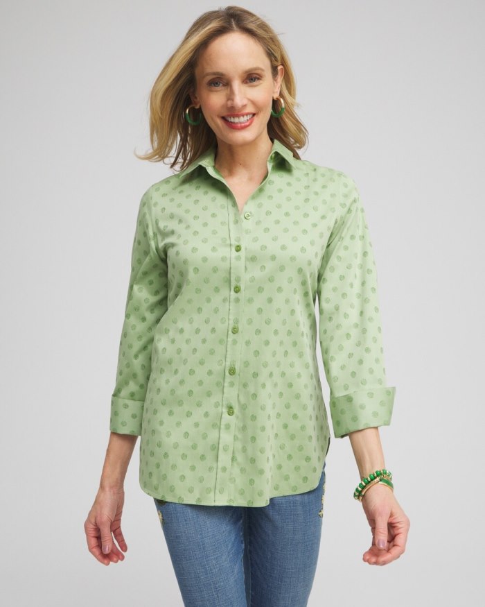 Chicos No Iron Stretch Dot Print 3/4 Sleeve Shirt - Verdant Green